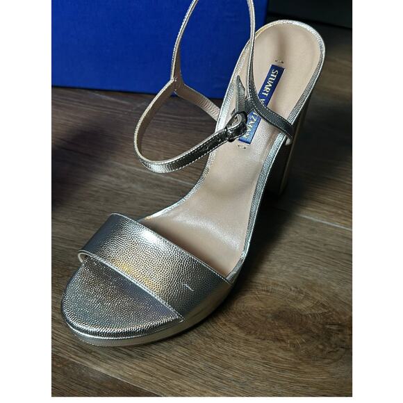Stuart Weitzman Silver Ankle Strap Block Heel Women's Sandals New in Box - Picture 8 of 9